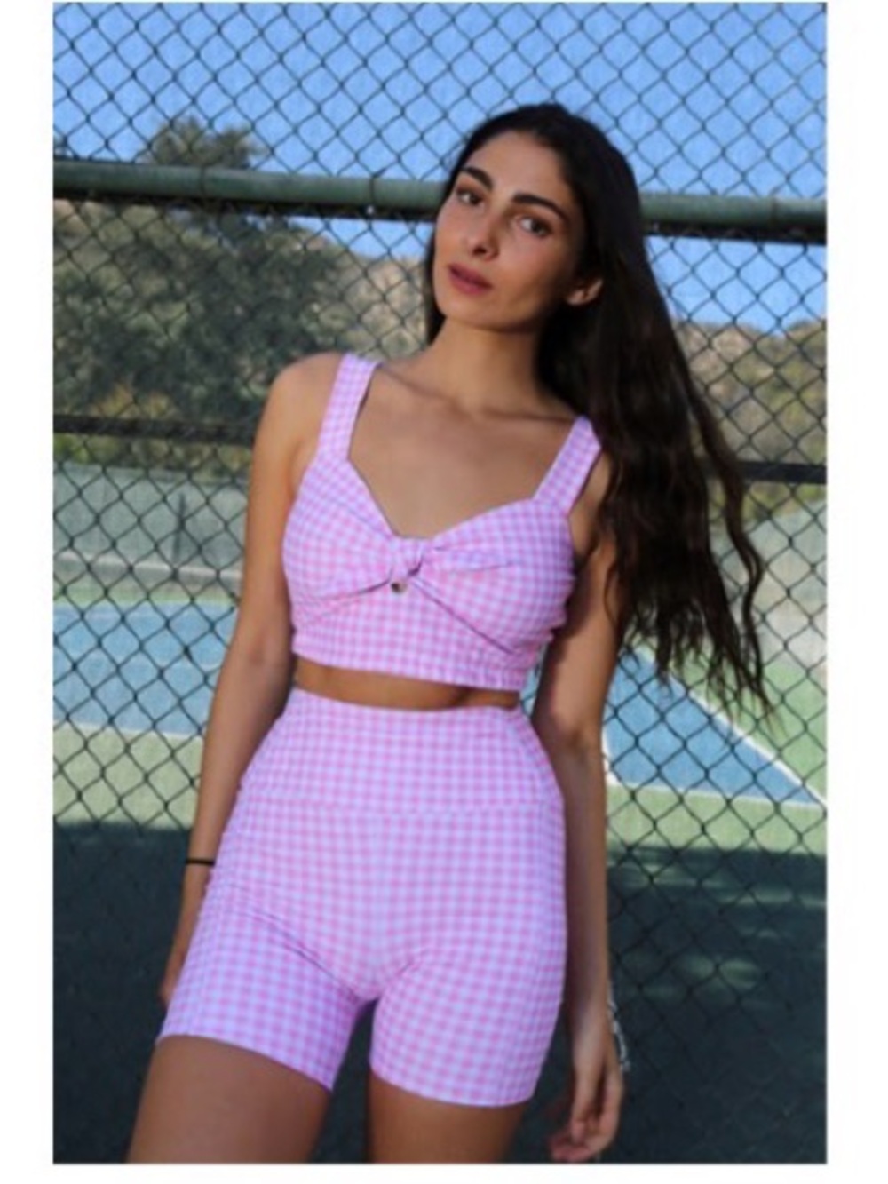 Year of Ours Pink Gingham pinup Crop Top and bikeshorts Set